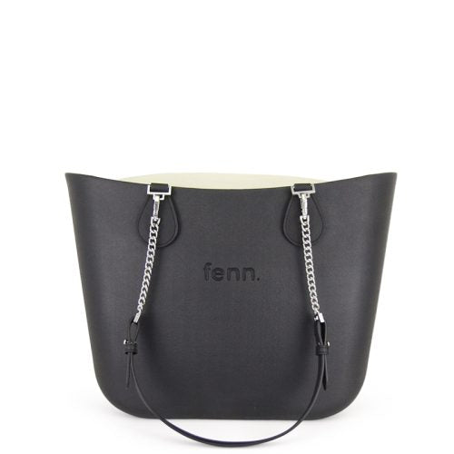 Fenn Original Collection – Black – Beige Inner – Silver Zip – Black / Silver Chain Handle